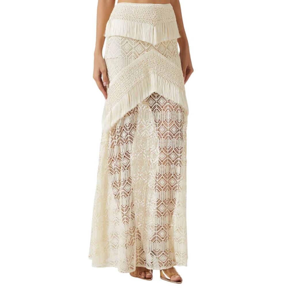 PatBO Women's Off White Samba Fringe Long Maxi Skirt Size 0/34